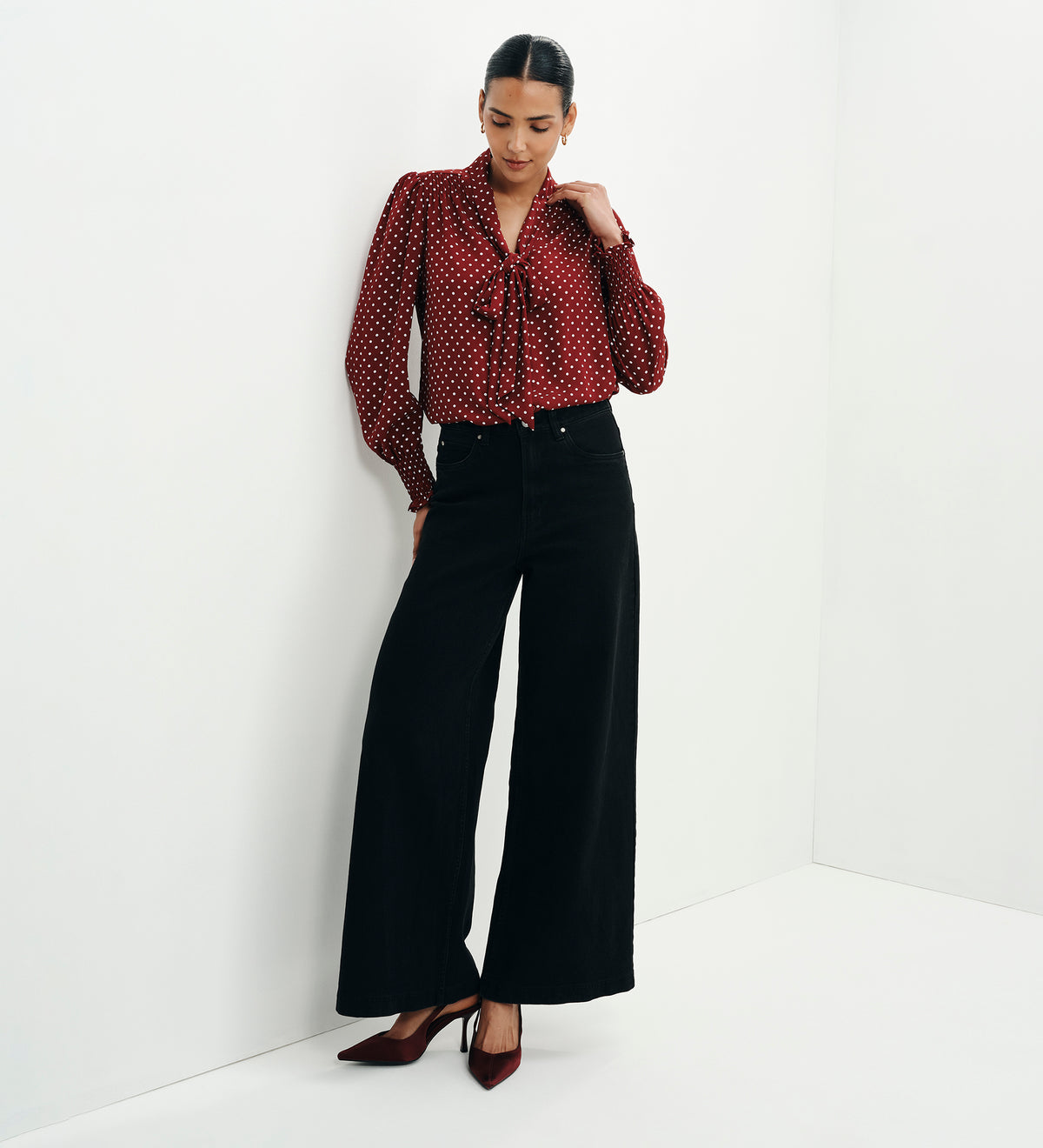 Mavis Burgundy Polka Dot Pussy Bow Blouson Sleeve Blouse