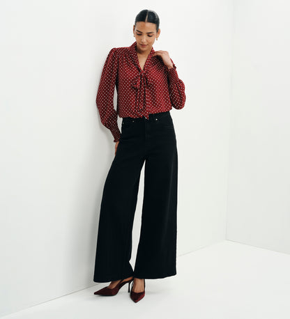 Mavis Burgundy Polka Dot Pussy Bow Blouson Sleeve Blouse