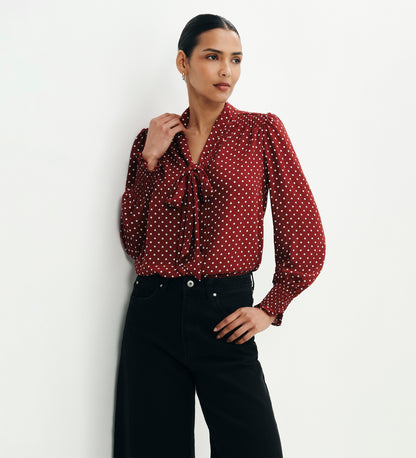 Mavis Burgundy Polka Dot Pussy Bow Blouson Sleeve Blouse