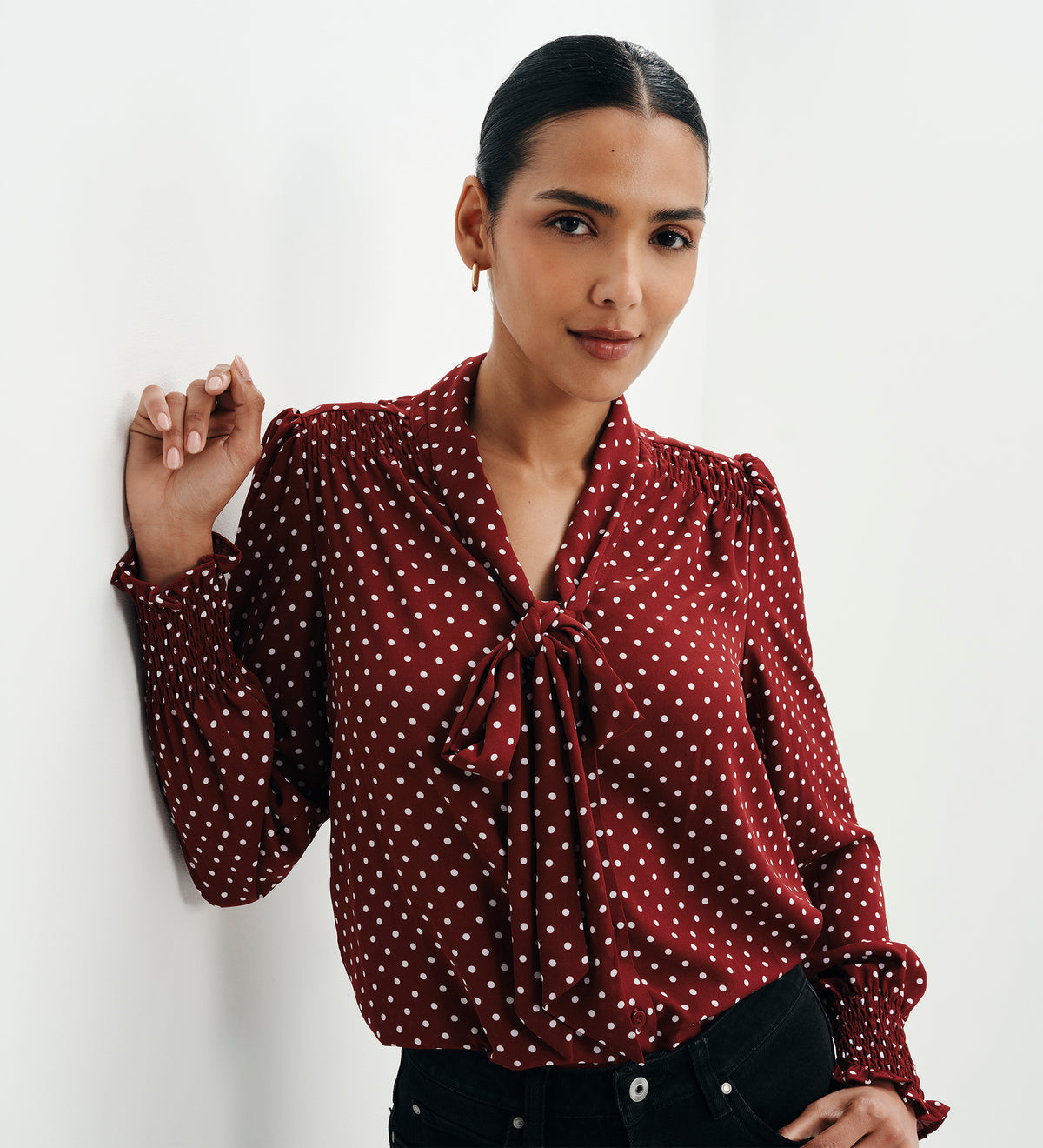 Mavis Burgundy Polka Dot Pussy Bow Blouson Sleeve Blouse