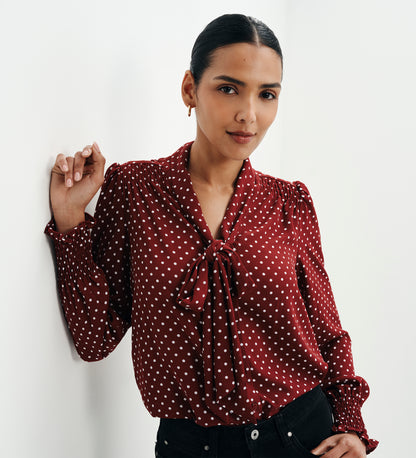Mavis Burgundy Polka Dot Pussy Bow Blouson Sleeve Blouse