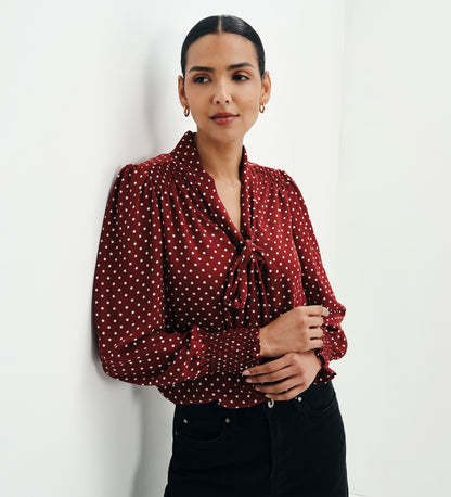 Mavis Burgundy Polka Dot Pussy Bow Blouson Sleeve Blouse
