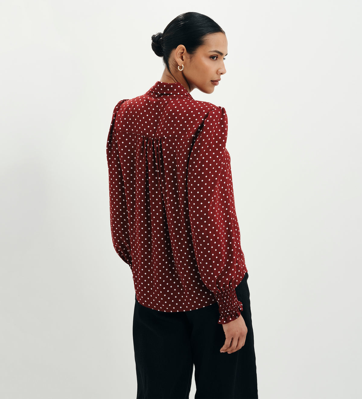 Mavis Burgundy Polka Dot Pussy Bow Blouson Sleeve Blouse