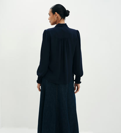 Mavis Navy Pussy Bow Button-Through Blouse