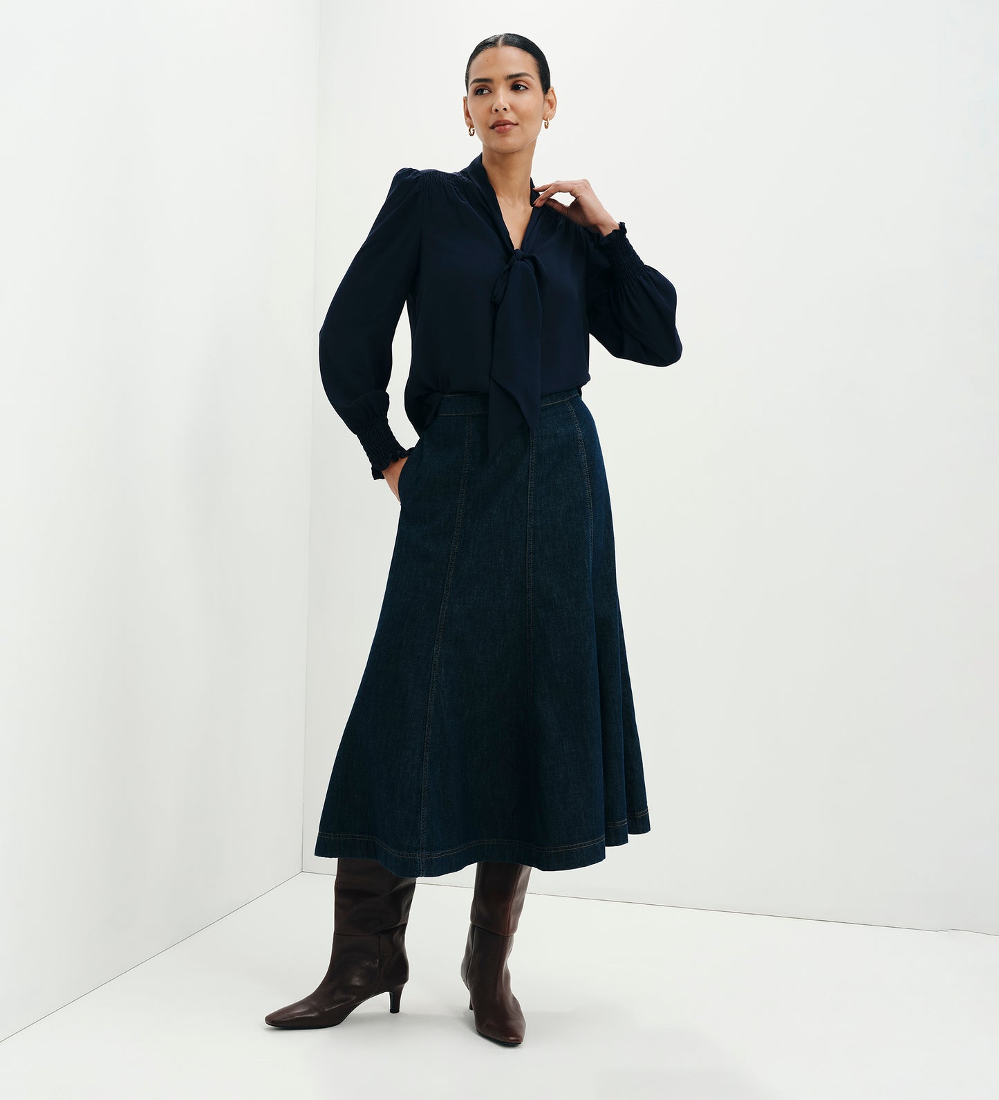 Mavis Navy Pussy Bow Button-Through Blouse
