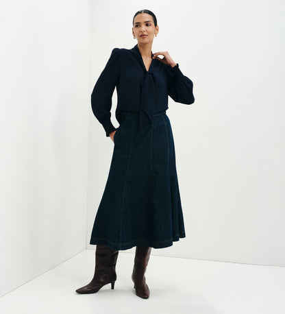 Mavis Navy Pussy Bow Button-Through Blouse