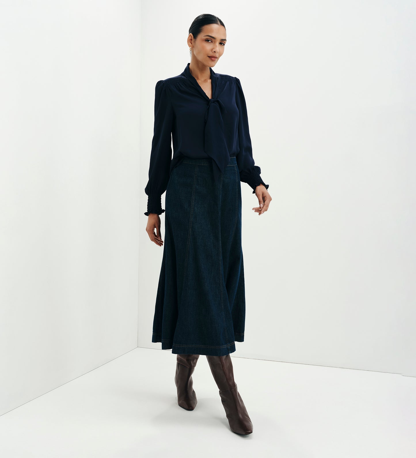 Mavis Navy Pussy Bow Button-Through Blouse