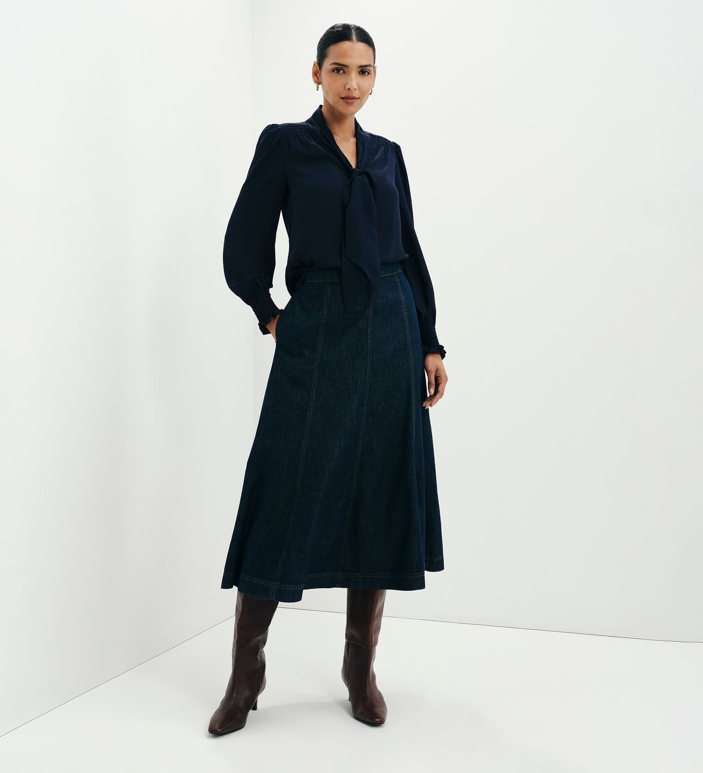 Mavis Navy Pussy Bow Button-Through Blouse