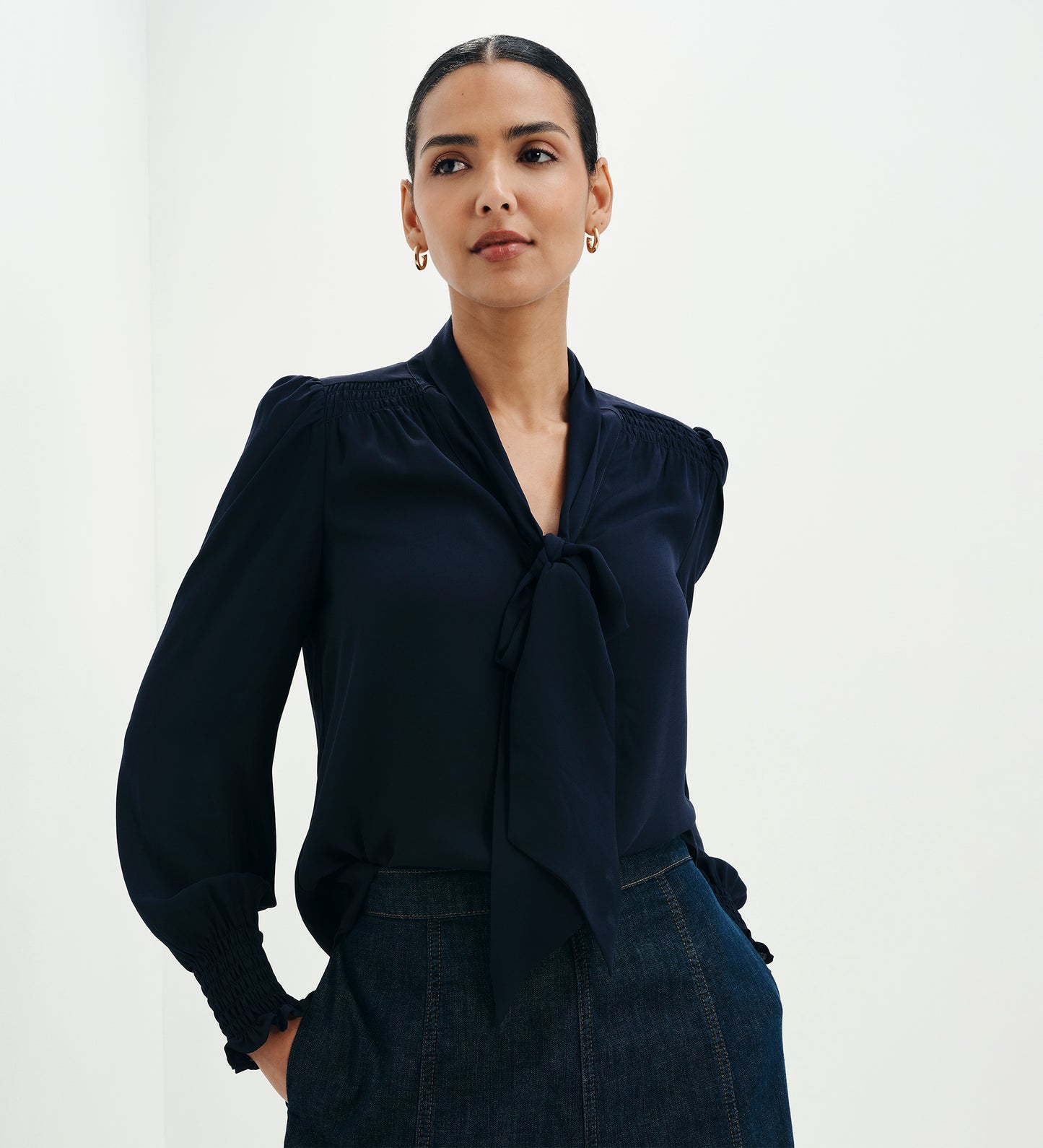 Mavis Navy Pussy Bow Button-Through Blouse