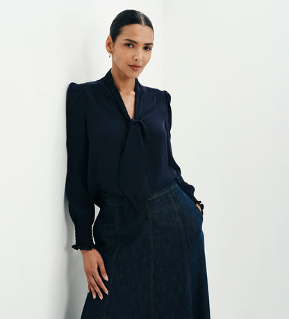 Mavis Navy Pussy Bow Button-Through Blouse