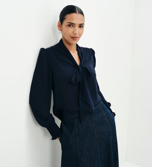 Mavis Navy Pussy Bow Button-Through Blouse