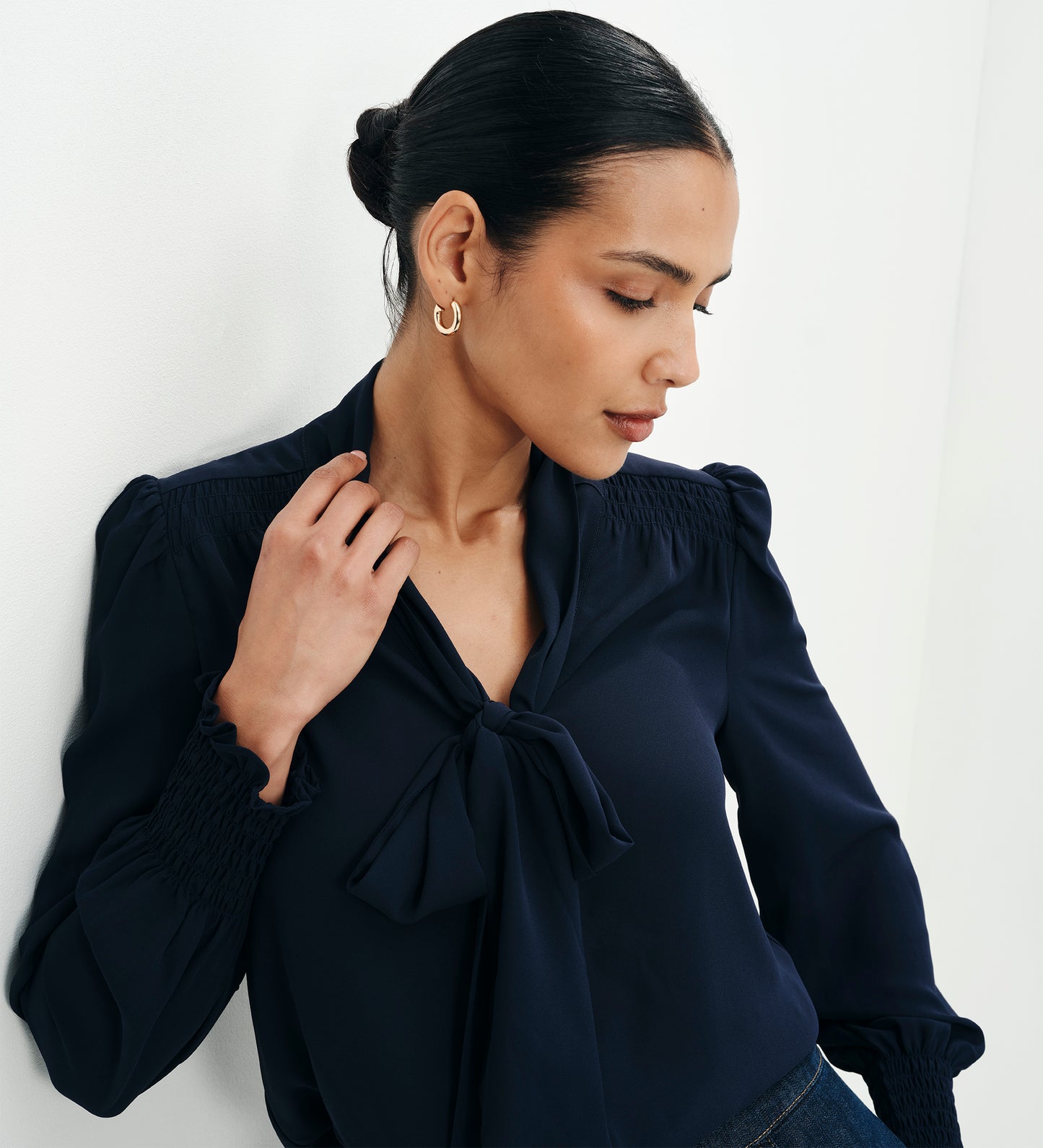 Mavis Navy Pussy Bow Button-Through Blouse