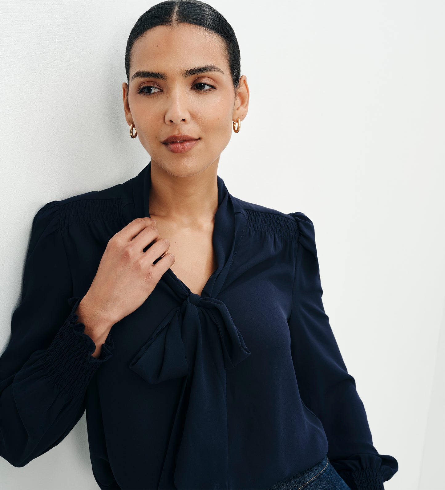 Mavis Navy Pussy Bow Button-Through Blouse
