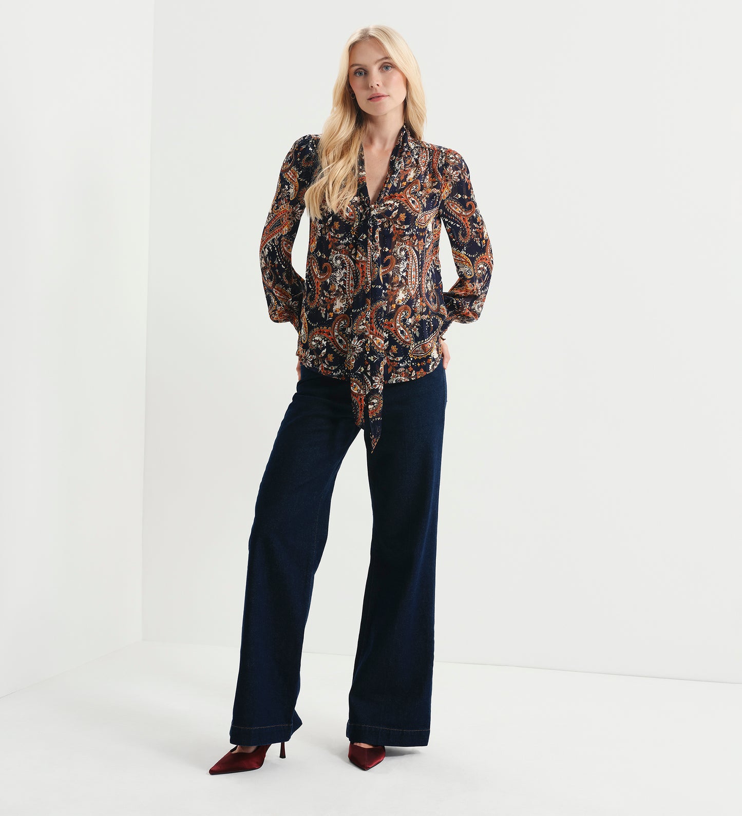 Mavis Navy Paisley Pussy Bow Button-Through Chiffon Blouse