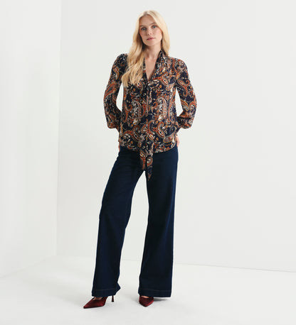 Mavis Navy Paisley Pussy Bow Button-Through Chiffon Blouse