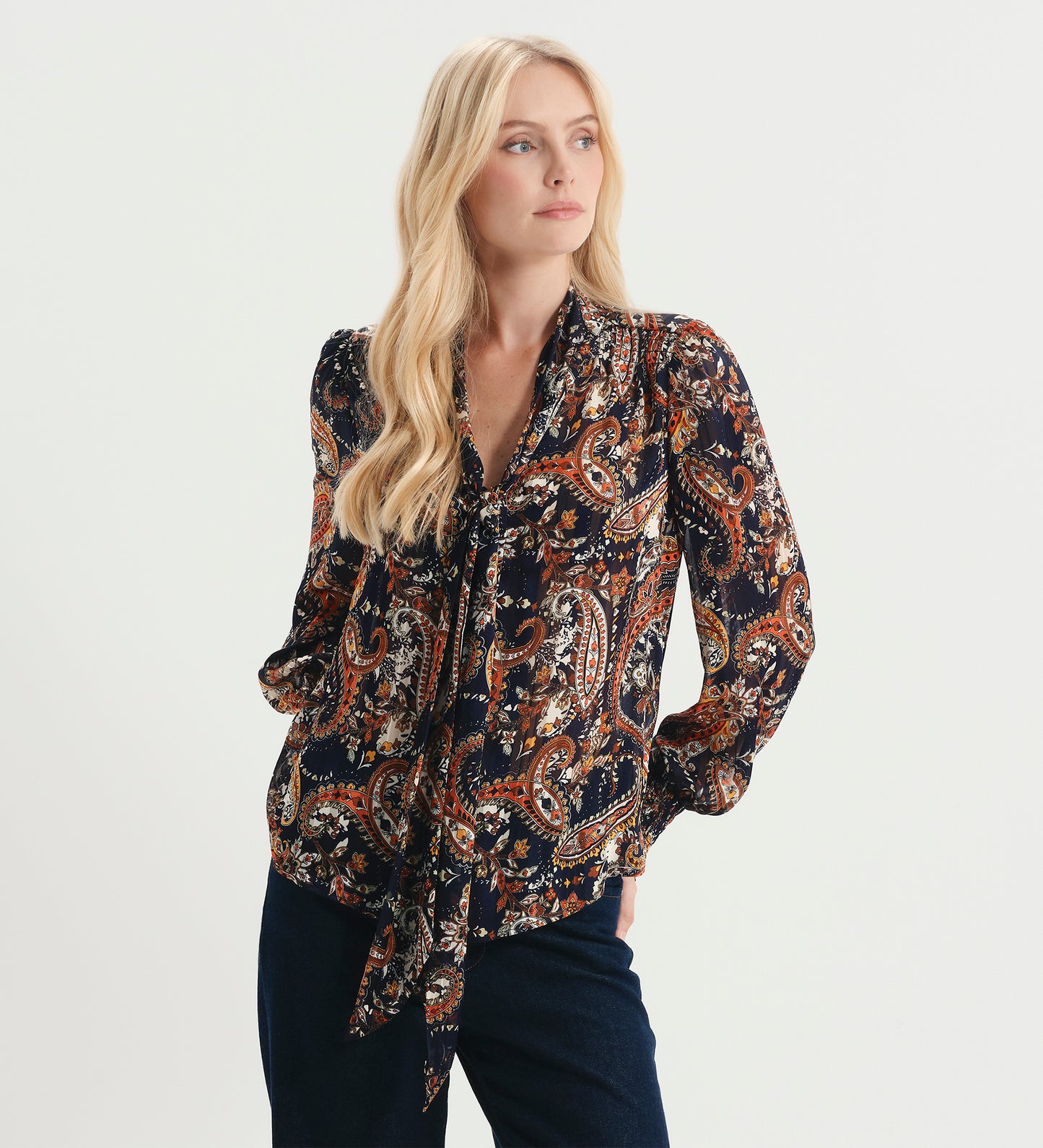 Mavis Navy Paisley Pussy Bow Button-Through Chiffon Blouse