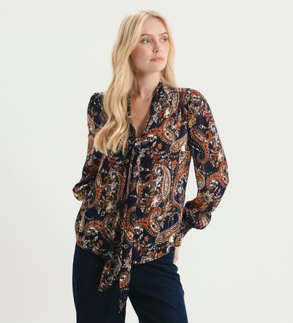 Mavis Navy Paisley Pussy Bow Button-Through Chiffon Blouse