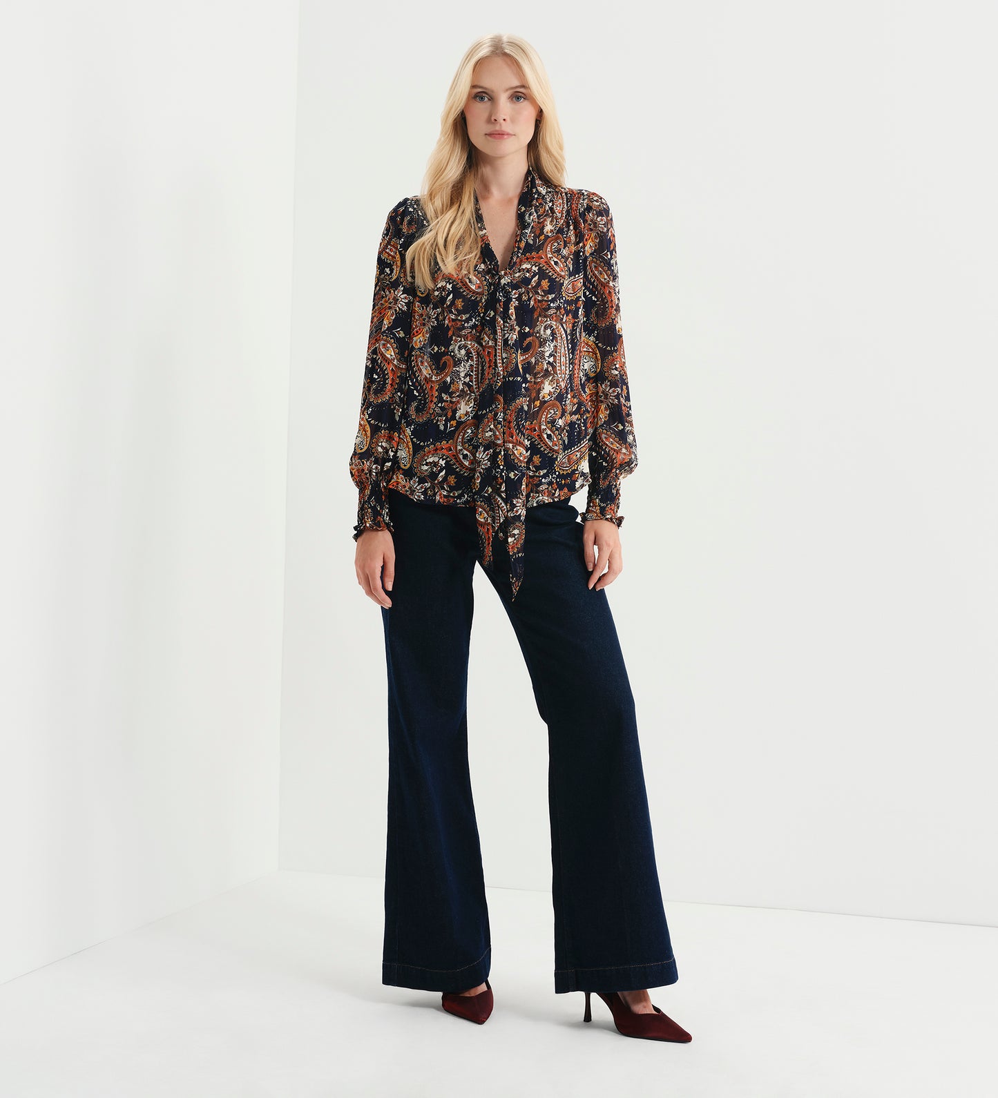 Mavis Navy Paisley Pussy Bow Button-Through Chiffon Blouse