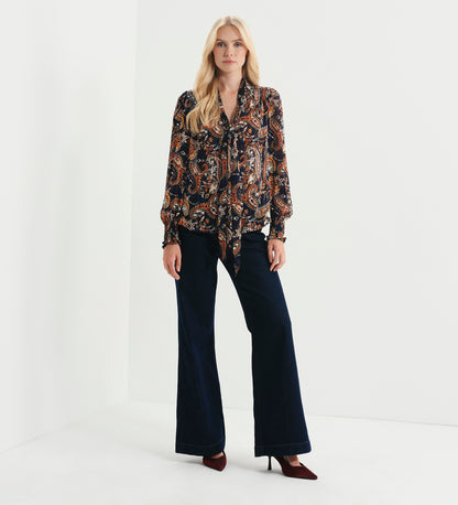 Mavis Navy Paisley Pussy Bow Button-Through Chiffon Blouse