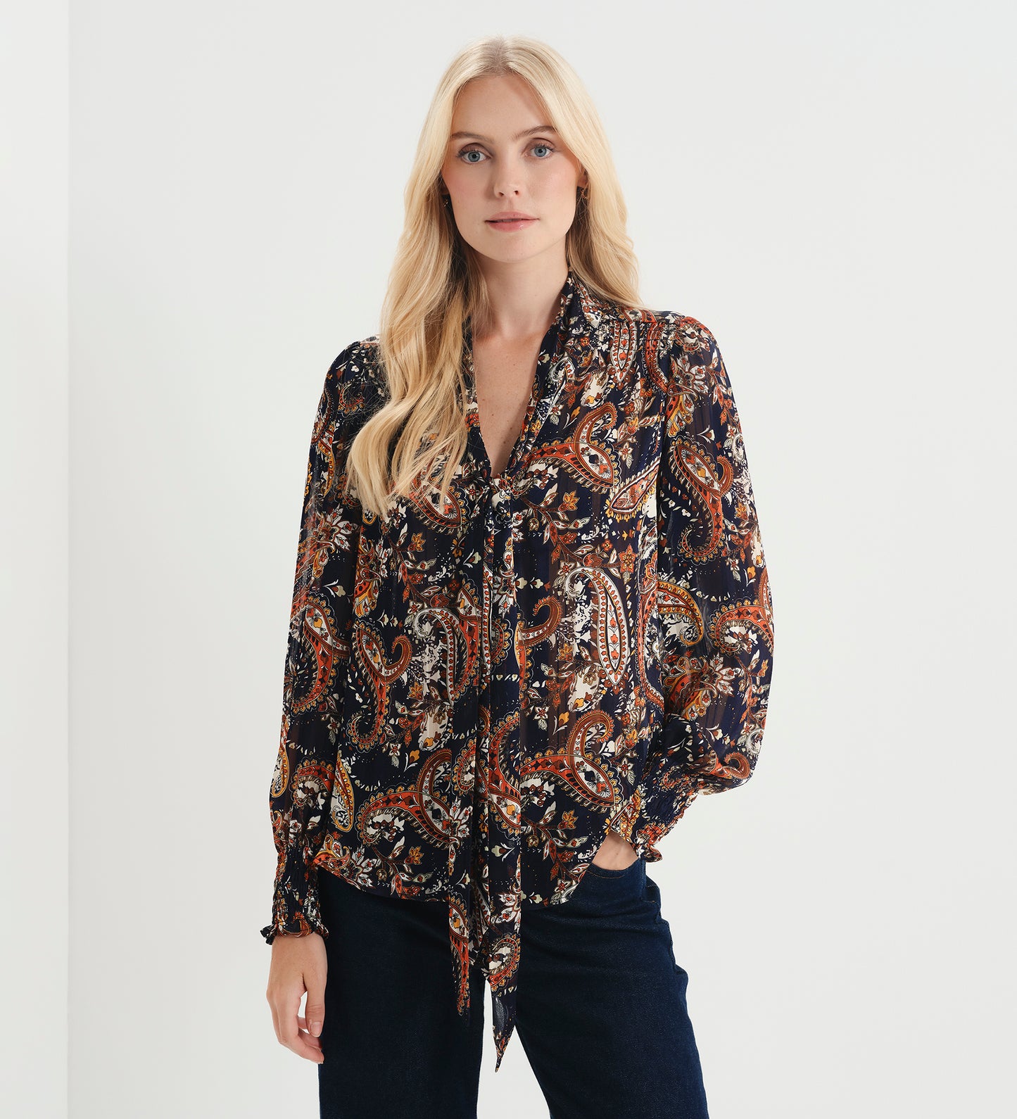 Mavis Navy Paisley Pussy Bow Button-Through Chiffon Blouse