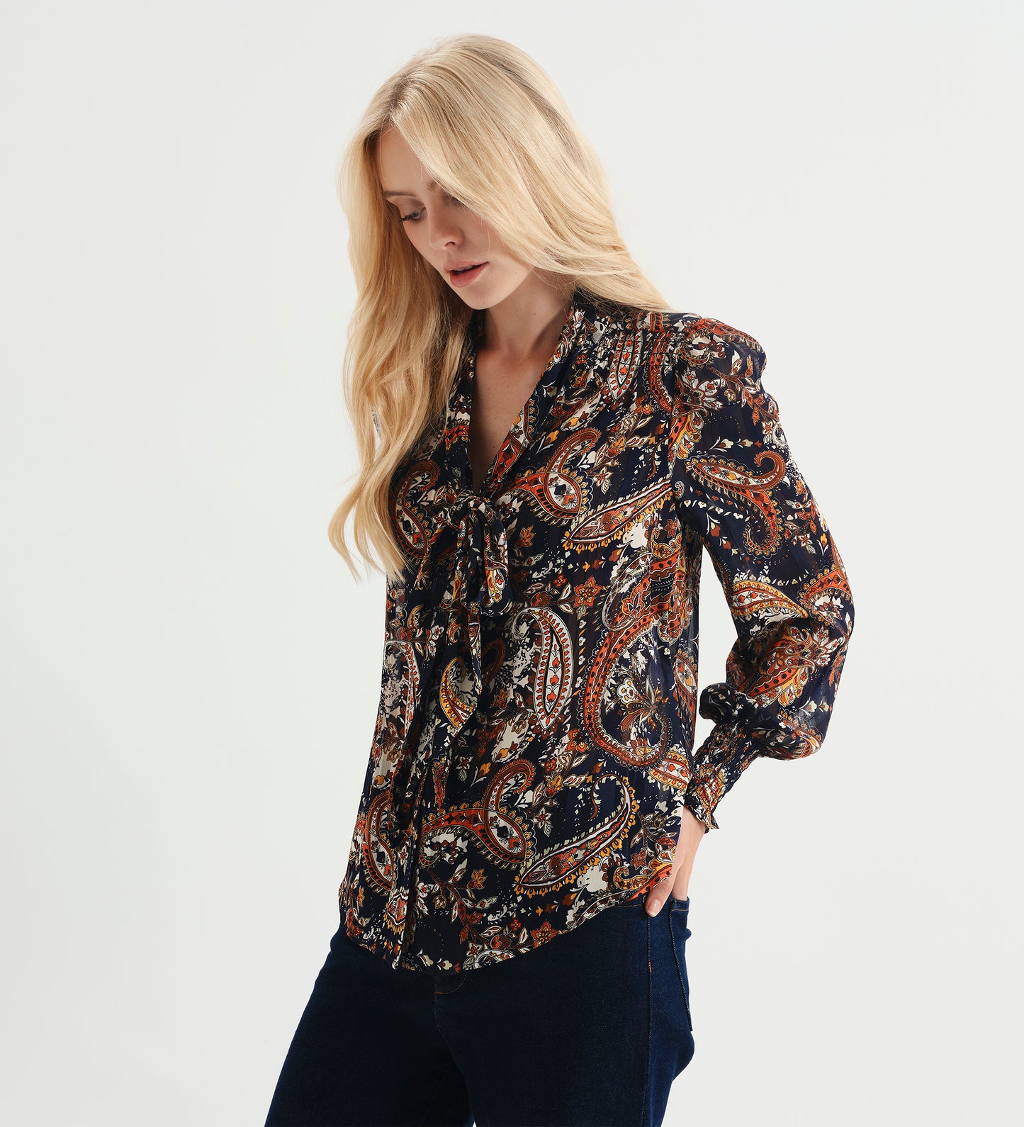 Mavis Navy Paisley Pussy Bow Button-Through Chiffon Blouse