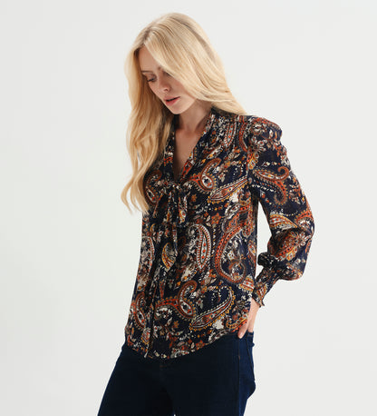 Mavis Navy Paisley Pussy Bow Button-Through Chiffon Blouse