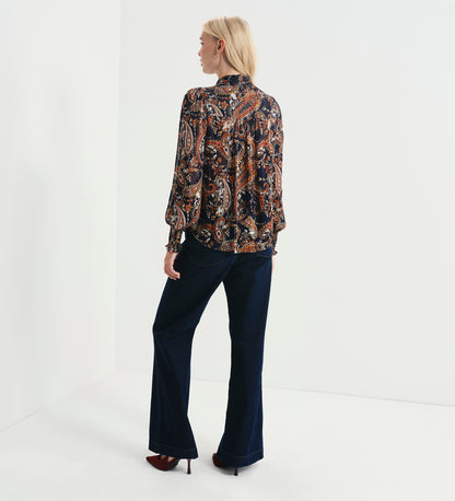 Mavis Navy Paisley Pussy Bow Button-Through Chiffon Blouse