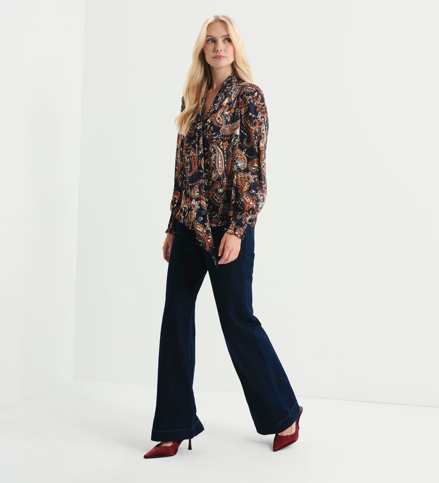 Mavis Navy Paisley Pussy Bow Button-Through Chiffon Blouse