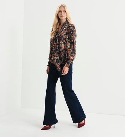 Mavis Navy Paisley Pussy Bow Button-Through Chiffon Blouse