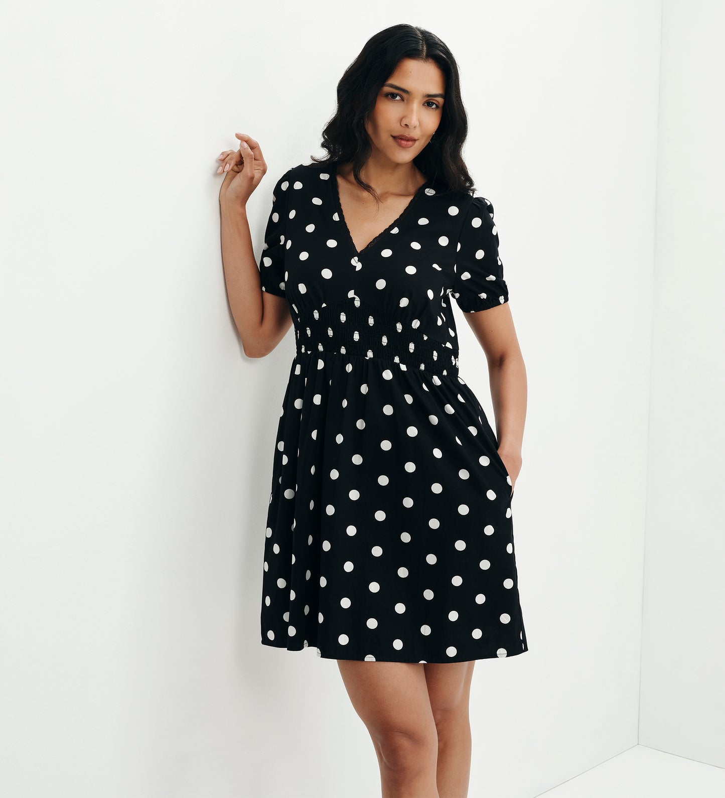 Meadow Black Polka Dot Cotton Puff Sleeve Mini Dress