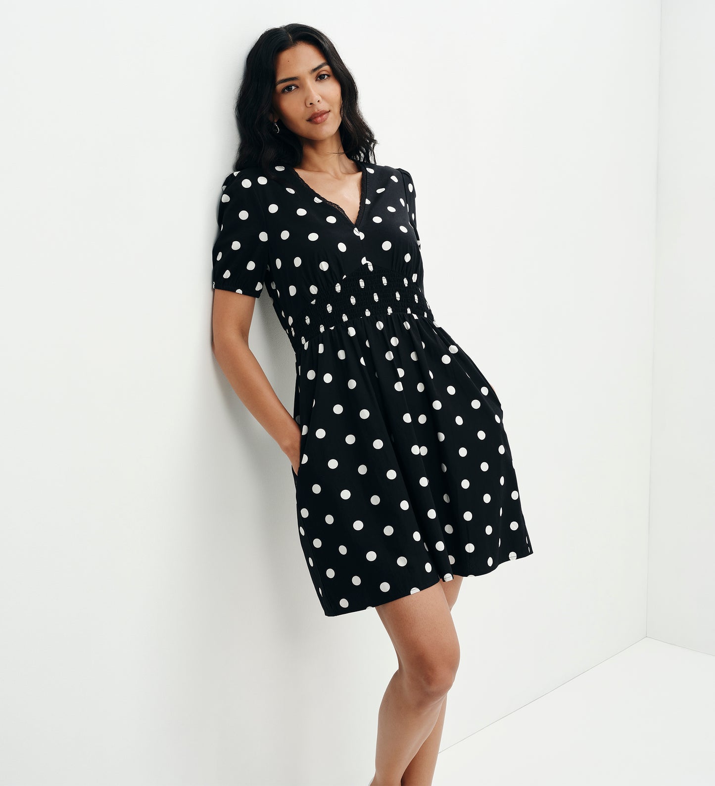 Meadow Black Polka Dot Cotton Puff Sleeve Mini Dress