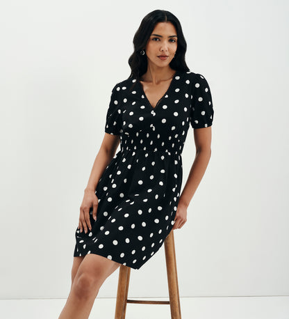 Meadow Black Polka Dot Cotton Puff Sleeve Mini Dress