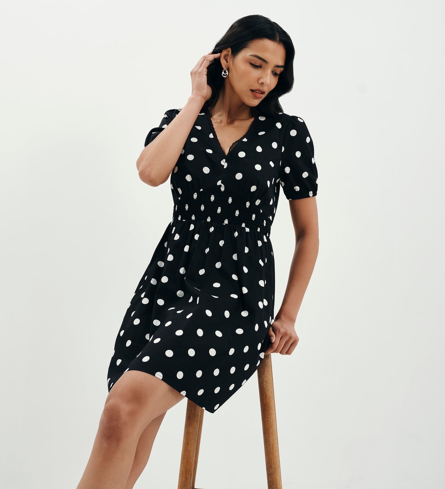 Meadow Black Polka Dot Cotton Puff Sleeve Mini Dress