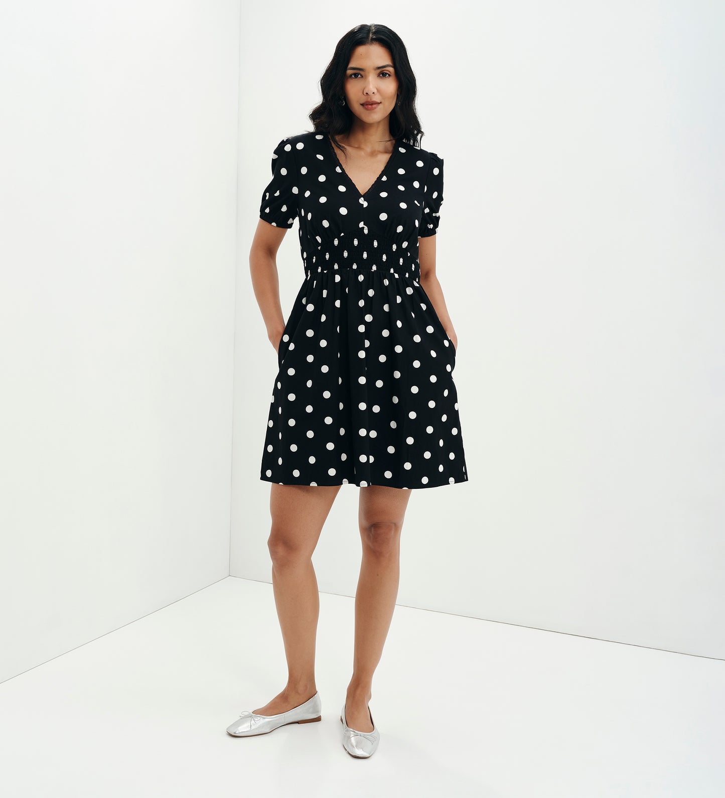 Meadow Black Polka Dot Cotton Puff Sleeve Mini Dress