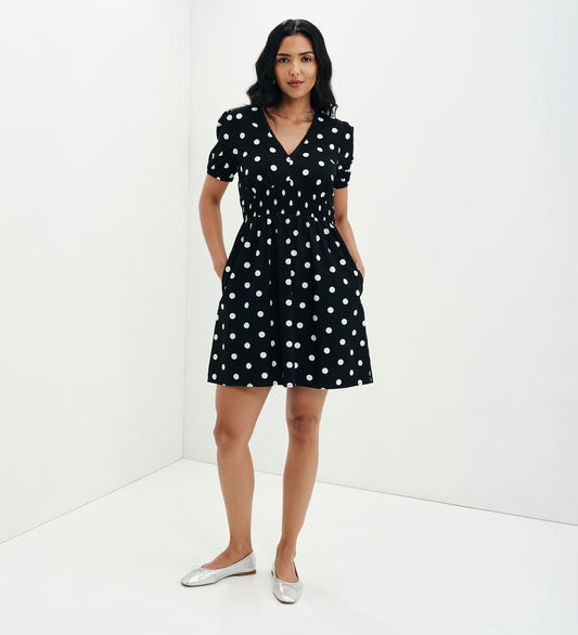 Meadow Black Polka Dot Cotton Puff Sleeve Mini Dress