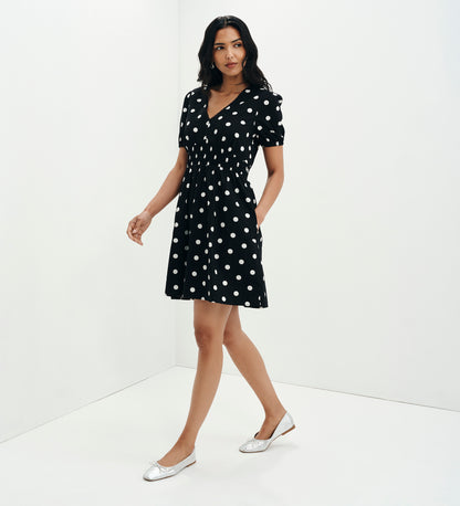 Meadow Black Polka Dot Cotton Puff Sleeve Mini Dress