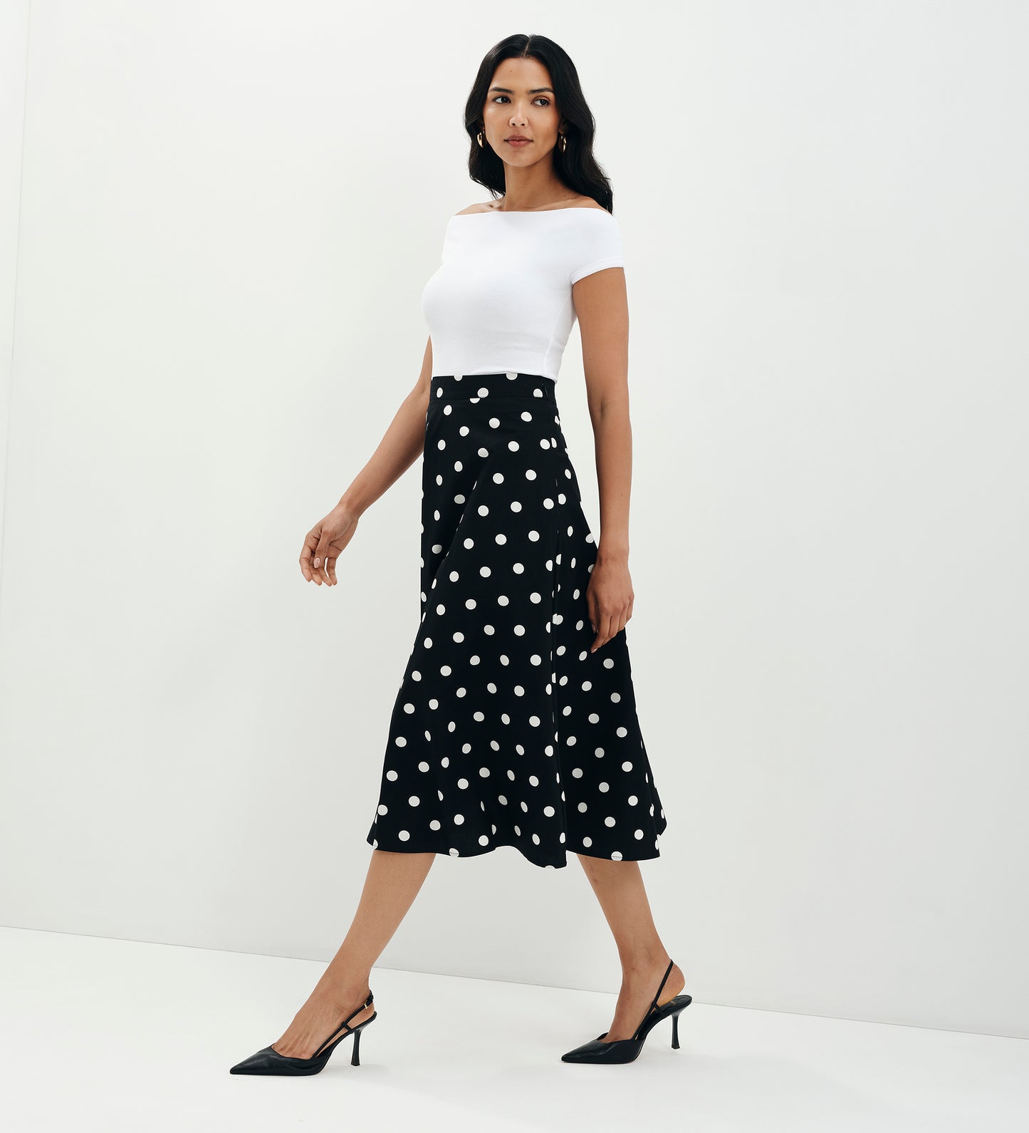 Meeka Black Polka Dot Cotton A-Line Midi Skirt