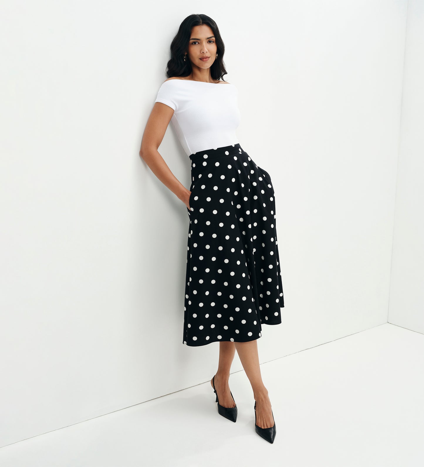 Meeka Black Polka Dot Cotton A-Line Midi Skirt