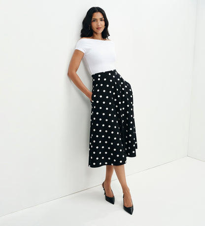 Meeka Black Polka Dot Cotton A-Line Midi Skirt