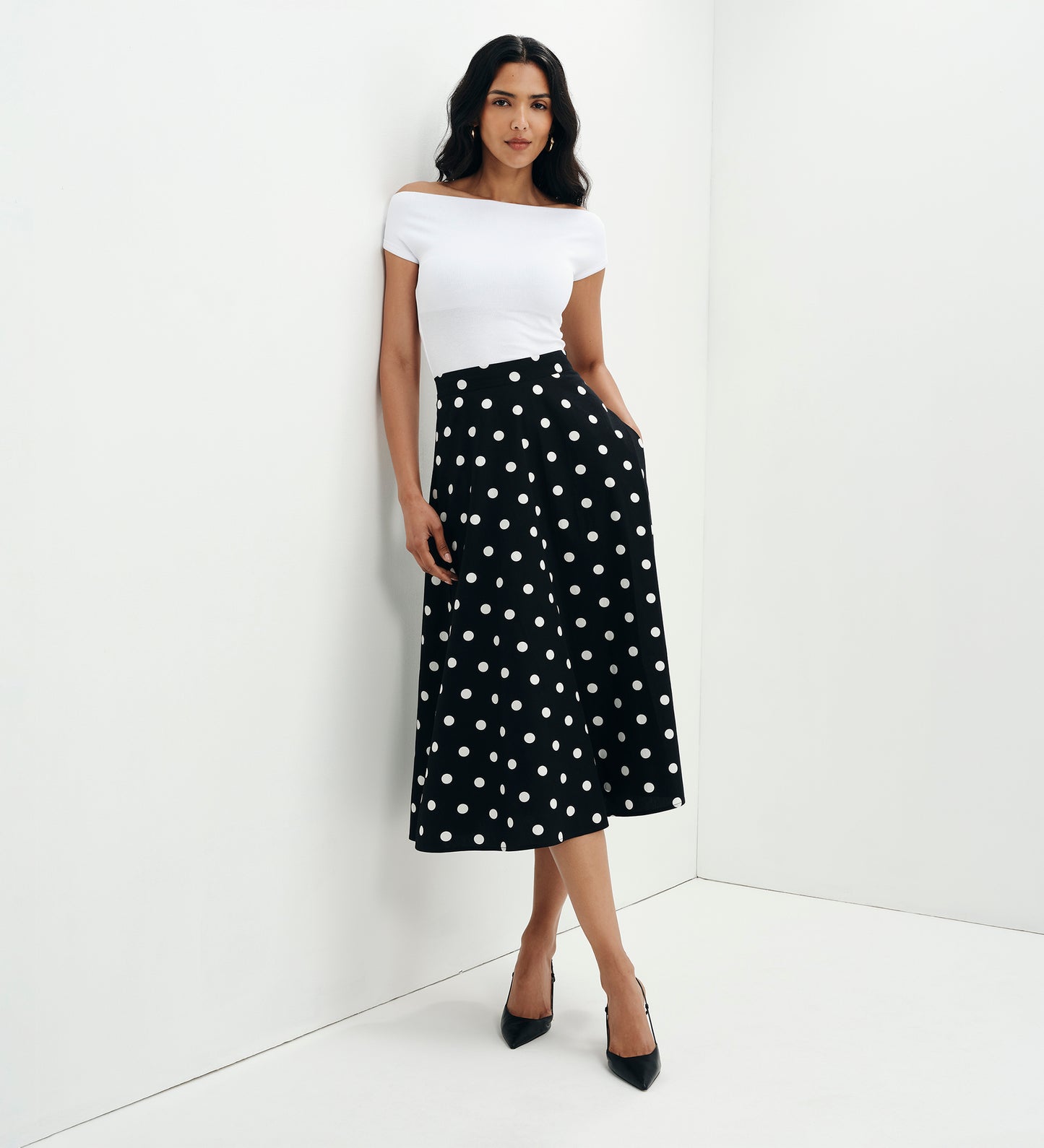 Meeka Black Polka Dot Cotton A-Line Midi Skirt