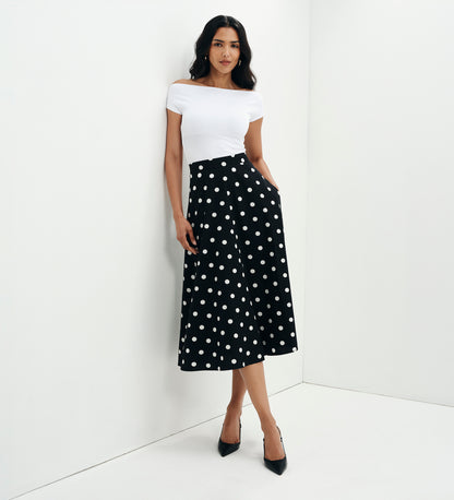 Meeka Black Polka Dot Cotton A-Line Midi Skirt