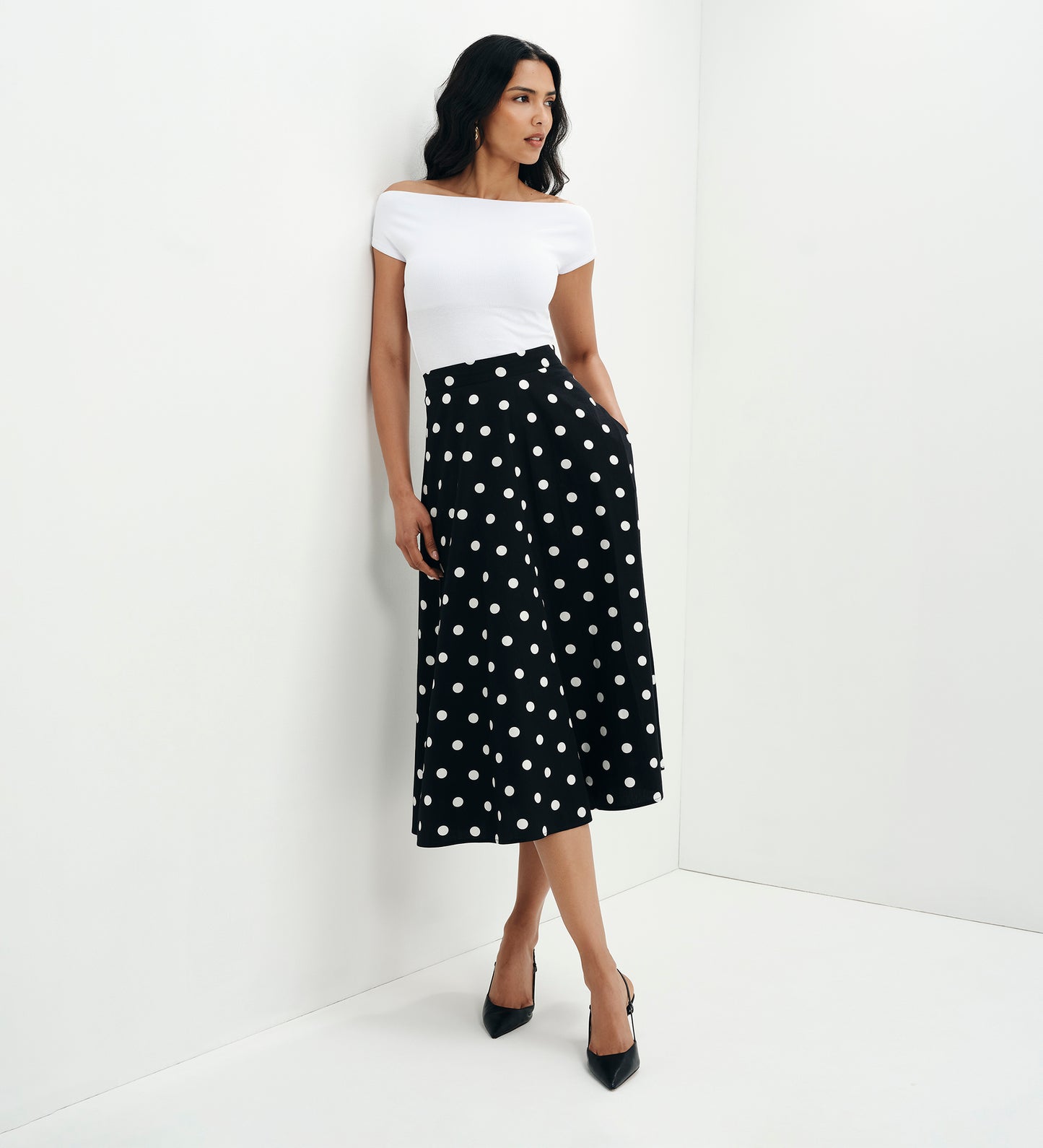Meeka Black Polka Dot Cotton A-Line Midi Skirt