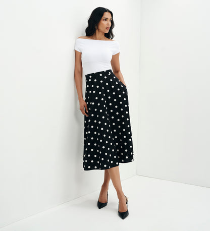 Meeka Black Polka Dot Cotton A-Line Midi Skirt