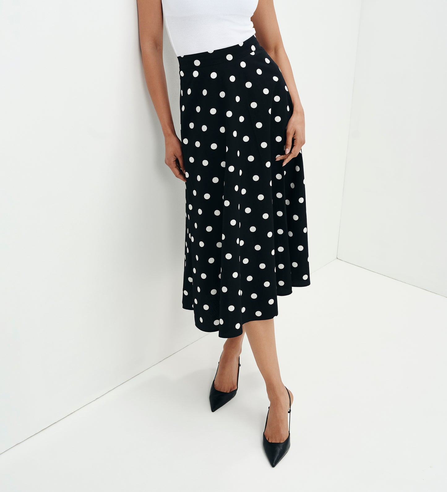 Meeka Black Polka Dot Cotton A-Line Midi Skirt