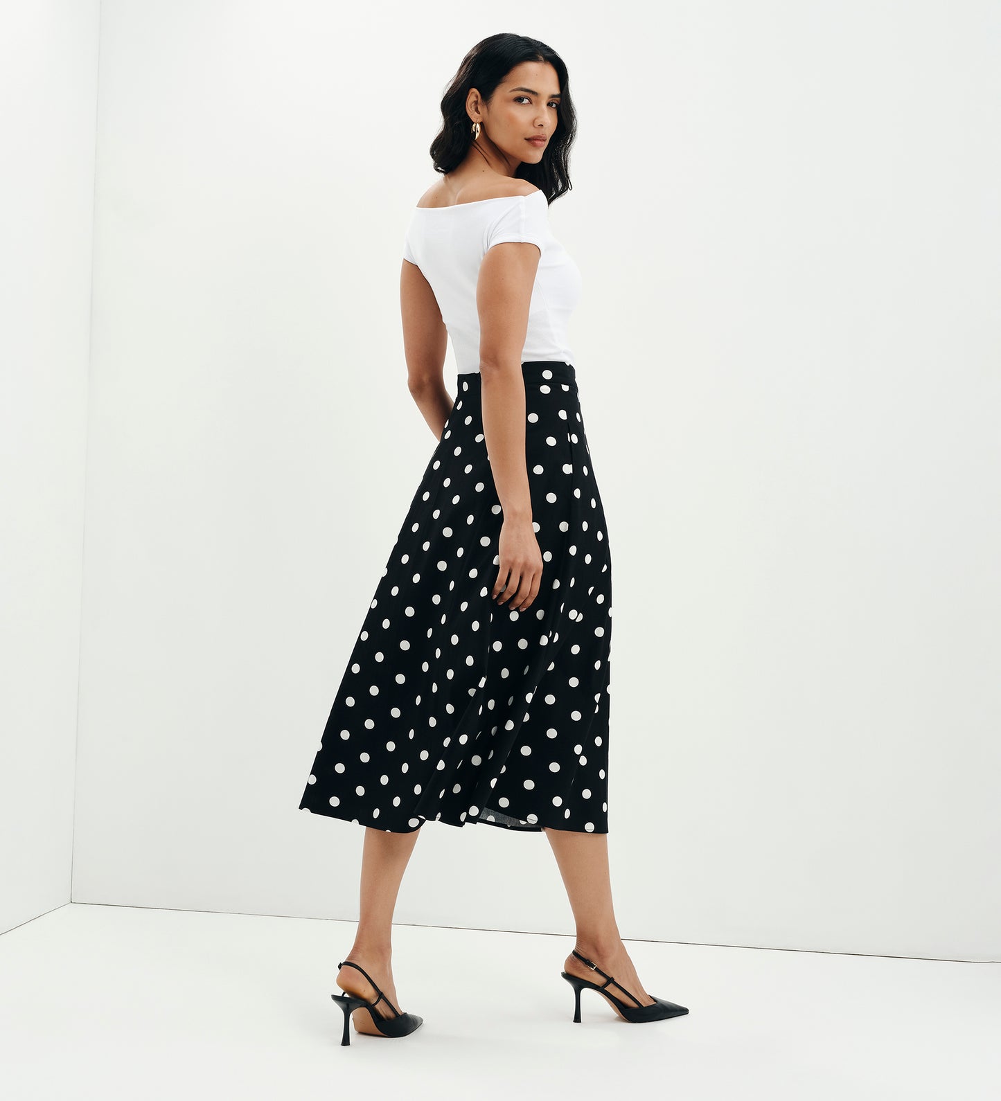Meeka Black Polka Dot Cotton A-Line Midi Skirt