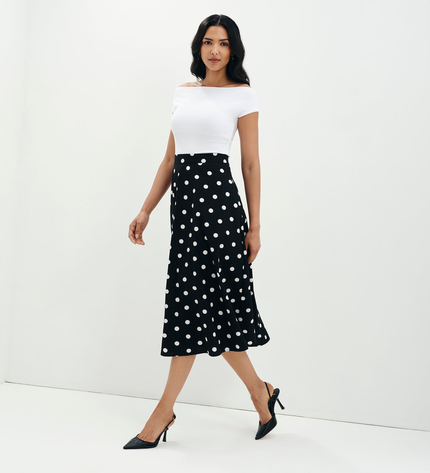 Meeka Black Polka Dot Cotton A-Line Midi Skirt