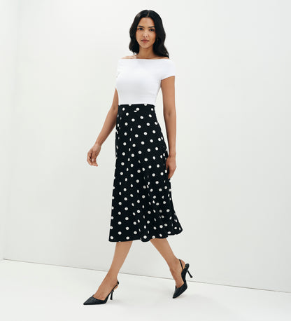Meeka Black Polka Dot Cotton A-Line Midi Skirt