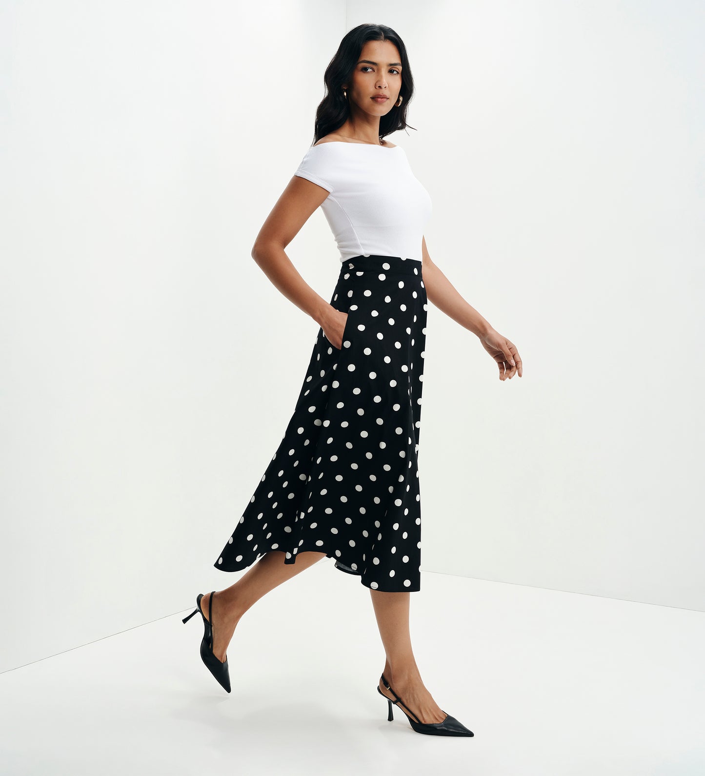 Meeka Black Polka Dot Cotton A-Line Midi Skirt