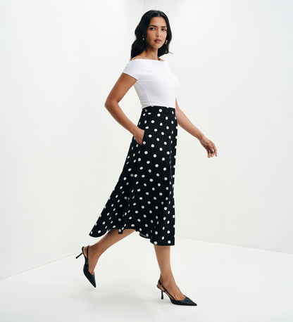 Meeka Black Polka Dot Cotton A-Line Midi Skirt