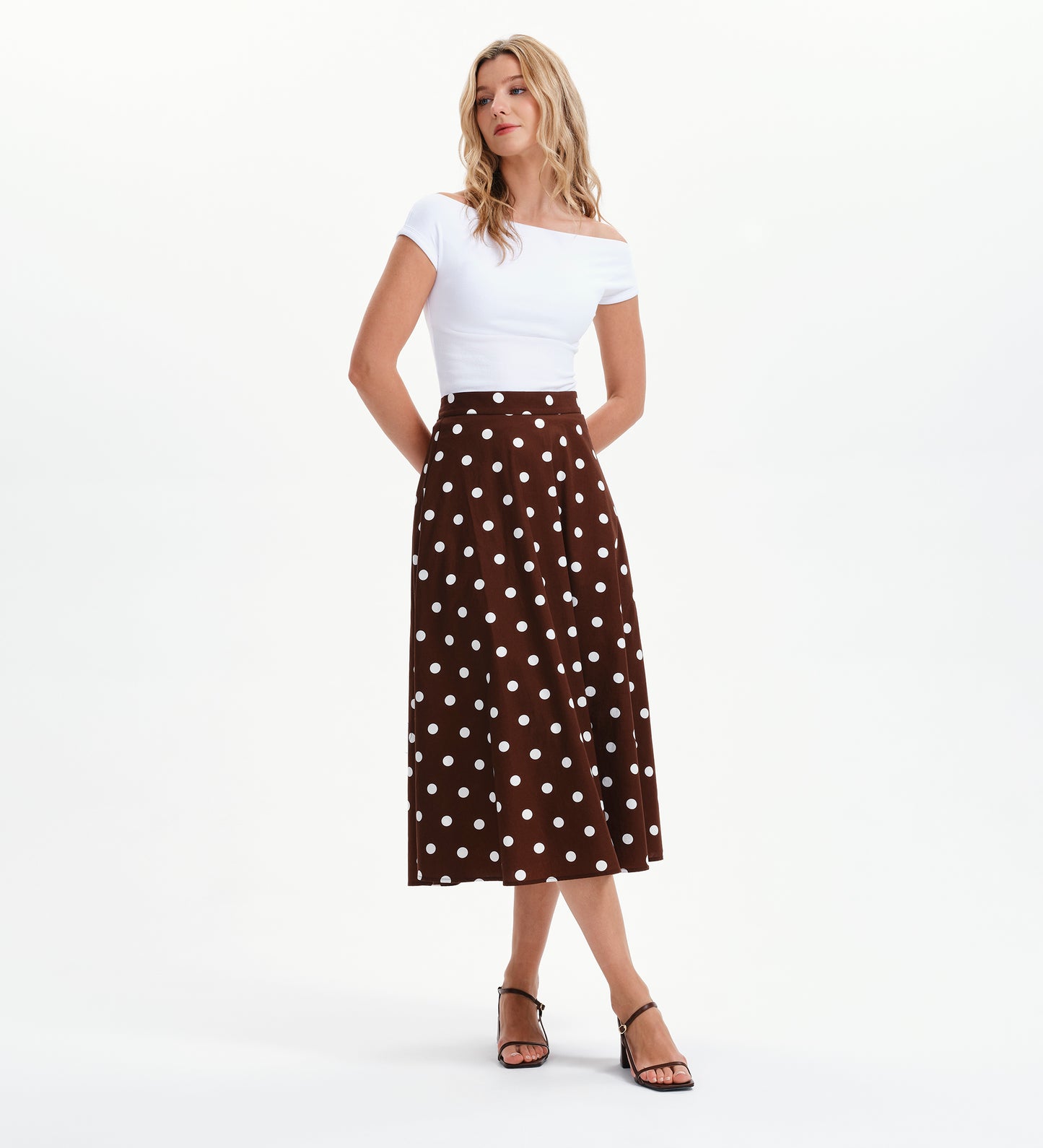 Meeka Brown Polka Dot Cotton A-Line Midi Skirt
